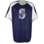 Nike - MLB Blue Seattle Mariners Button-Up Jersey T-Shirt 1990s Large Vintage Retro Baseball
