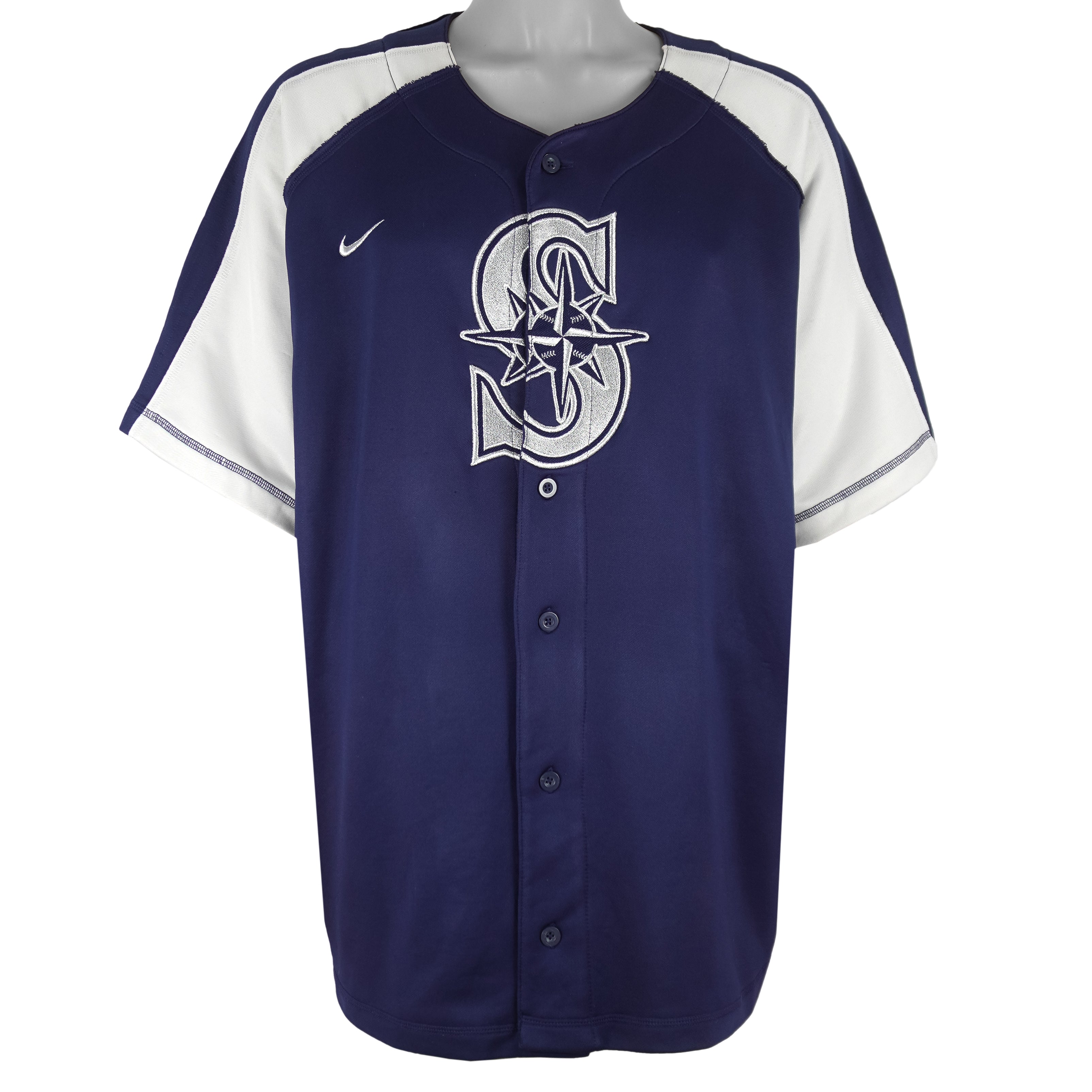 Nike - MLB Blue Seattle Mariners Button-Up Jersey T-Shirt 1990s Large Vintage Retro Baseball