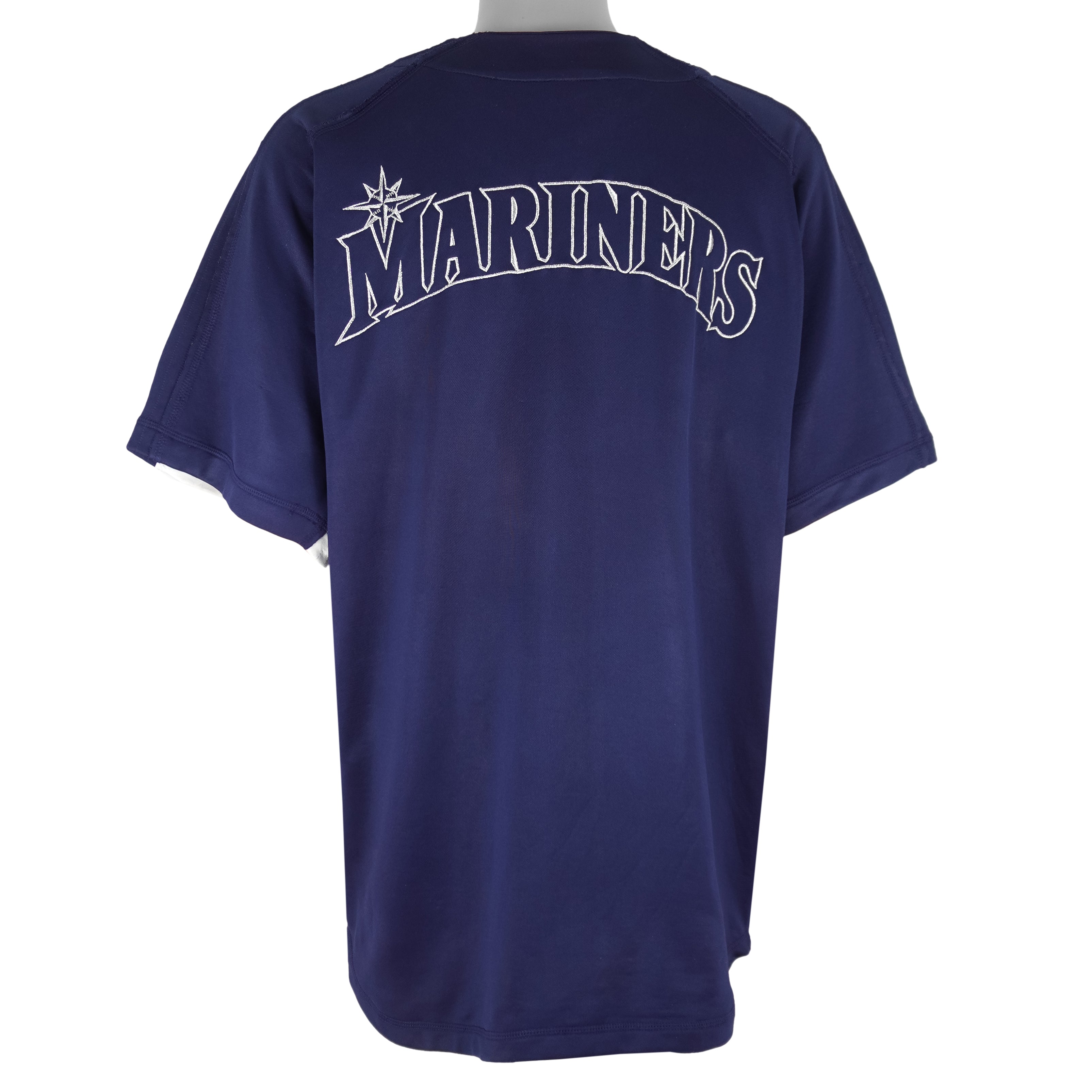 Nike - MLB Blue Seattle Mariners Button-Up Jersey T-Shirt 1990s Large Vintage Retro Baseball
