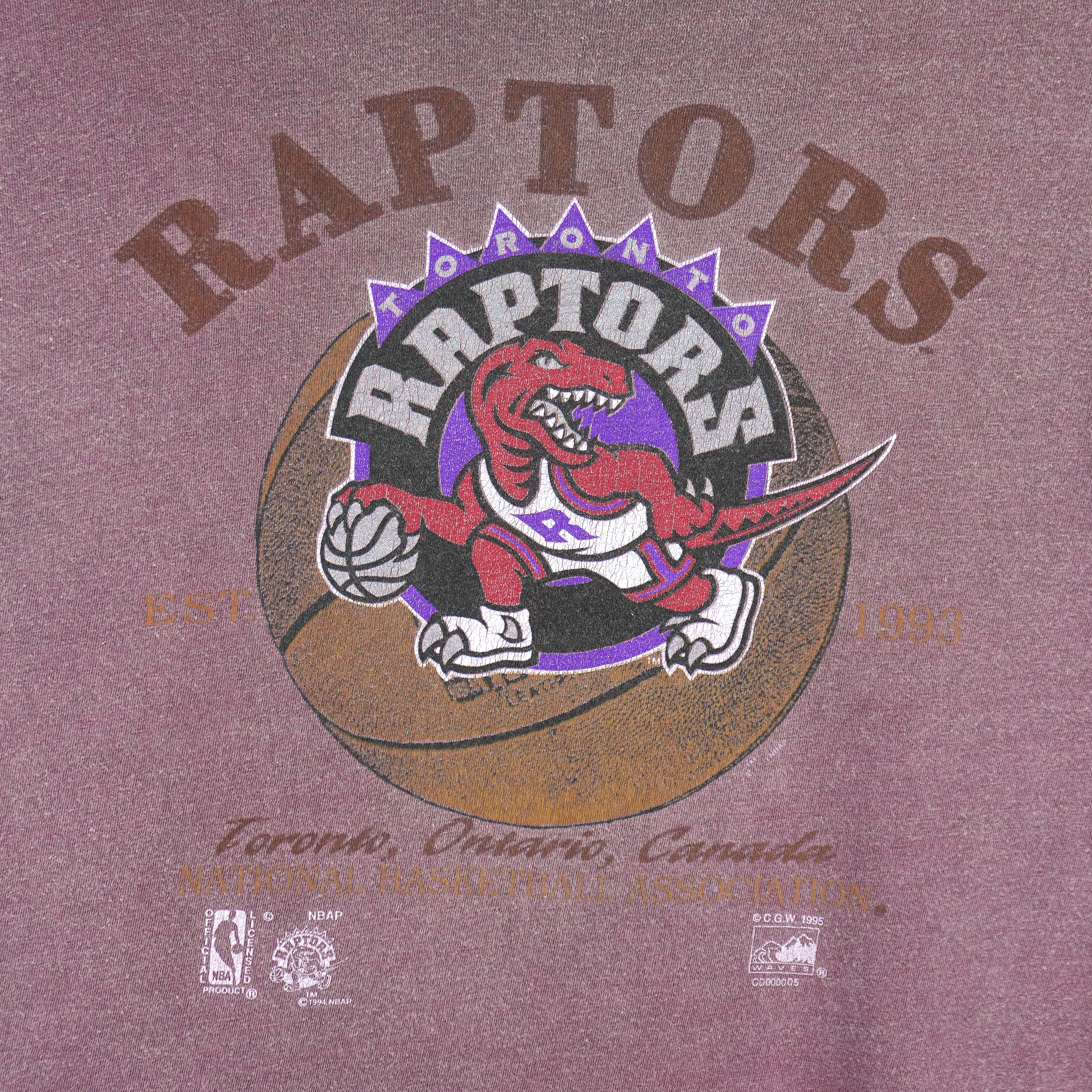 NBA (Waves) - Toronto Raptors Basketball T-Shirt 1995 Large Vintage Retro Basketball