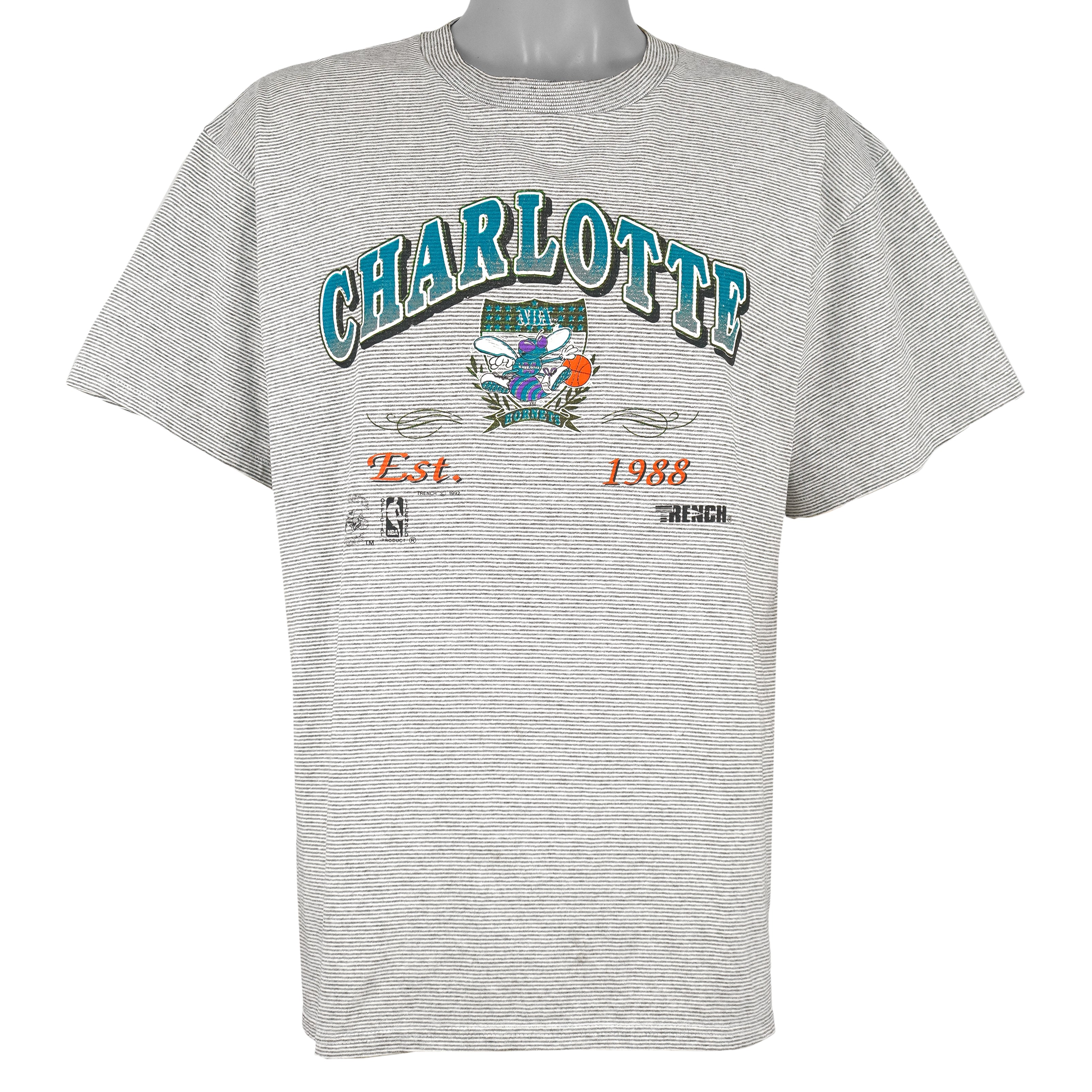 NBA (Trench) - Grey Charlotte Hornets Pinstripes T-Shirt 1992 X-Large Vintage Retro Basketball