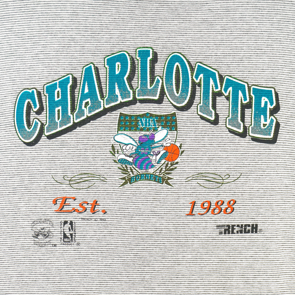 NBA (Trench) - Grey Charlotte Hornets Pinstripes T-Shirt 1992 X-Large Vintage Retro Basketball