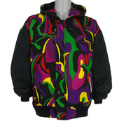 Starter - Black & Multicolor Patterned Hooded Jacket 1990s Medium Vintage Retro