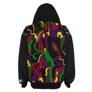Starter - Black & Multicolor Patterned Hooded Jacket 1990s Medium Vintage Retro