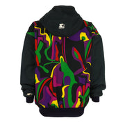 Starter - Black & Multicolor Patterned Hooded Jacket 1990s Medium Vintage Retro