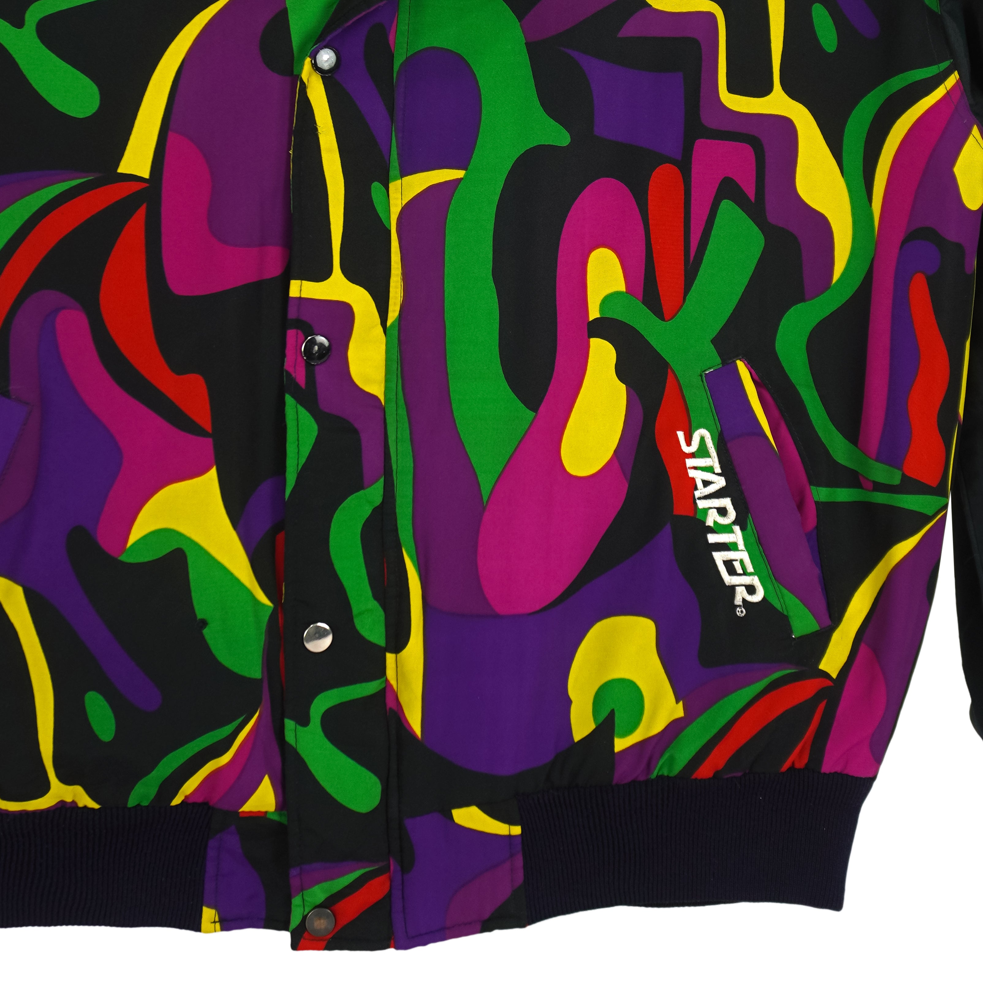 Starter - Black & Multicolor Patterned Hooded Jacket 1990s Medium Vintage Retro