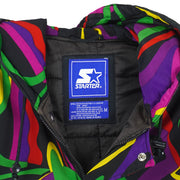 Starter - Black & Multicolor Patterned Hooded Jacket 1990s Medium Vintage Retro