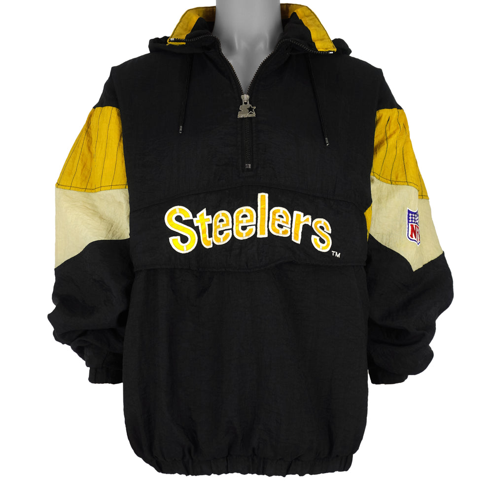 Starter - Pittsburgh Steelers Big Logo 1/4 Zip-Up Hooded Windbreaker 1990s Large Vintage Retro Football