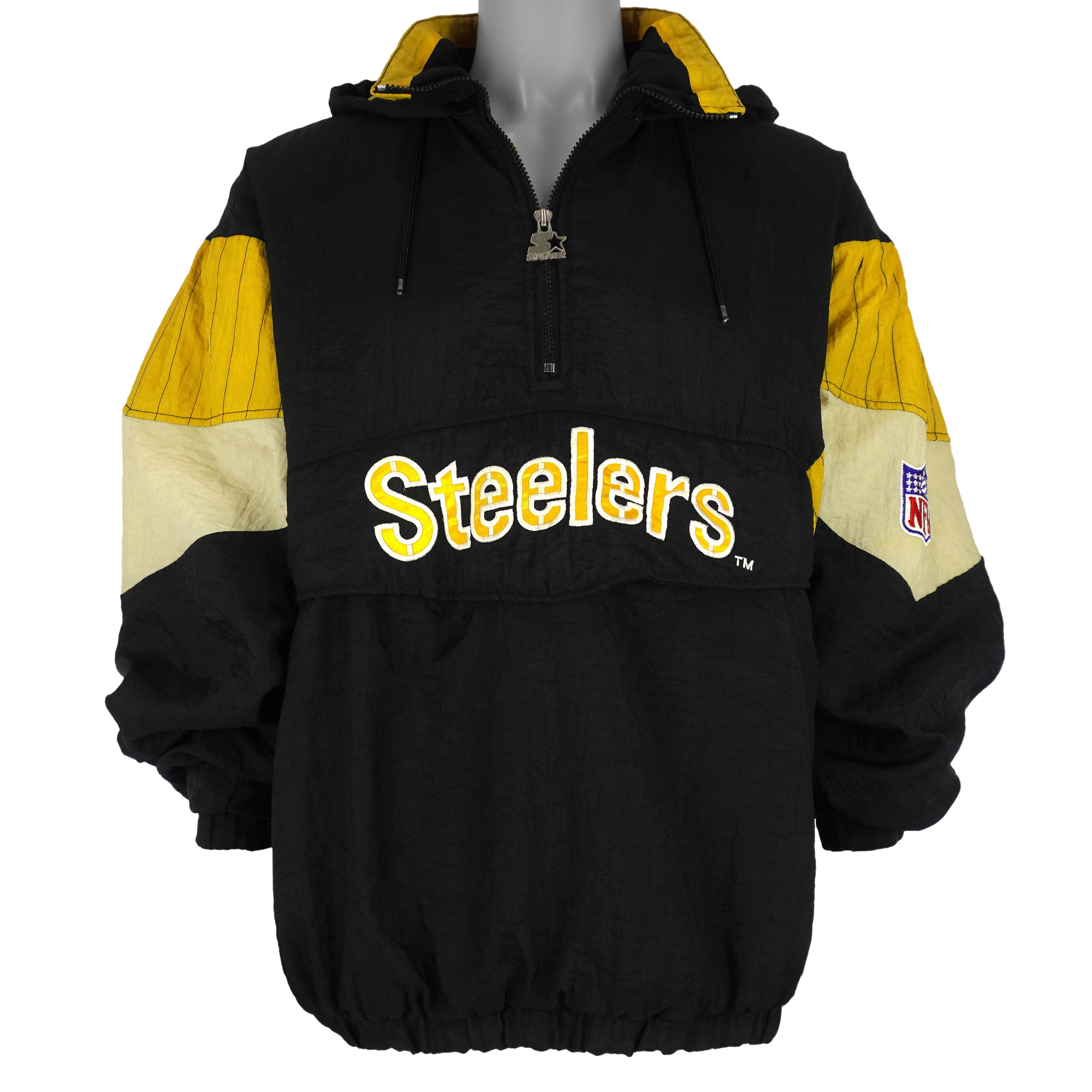 Starter - Pittsburgh Steelers Big Logo 1/4 Zip-Up Hooded Windbreaker 1990s Large Vintage Retro Football