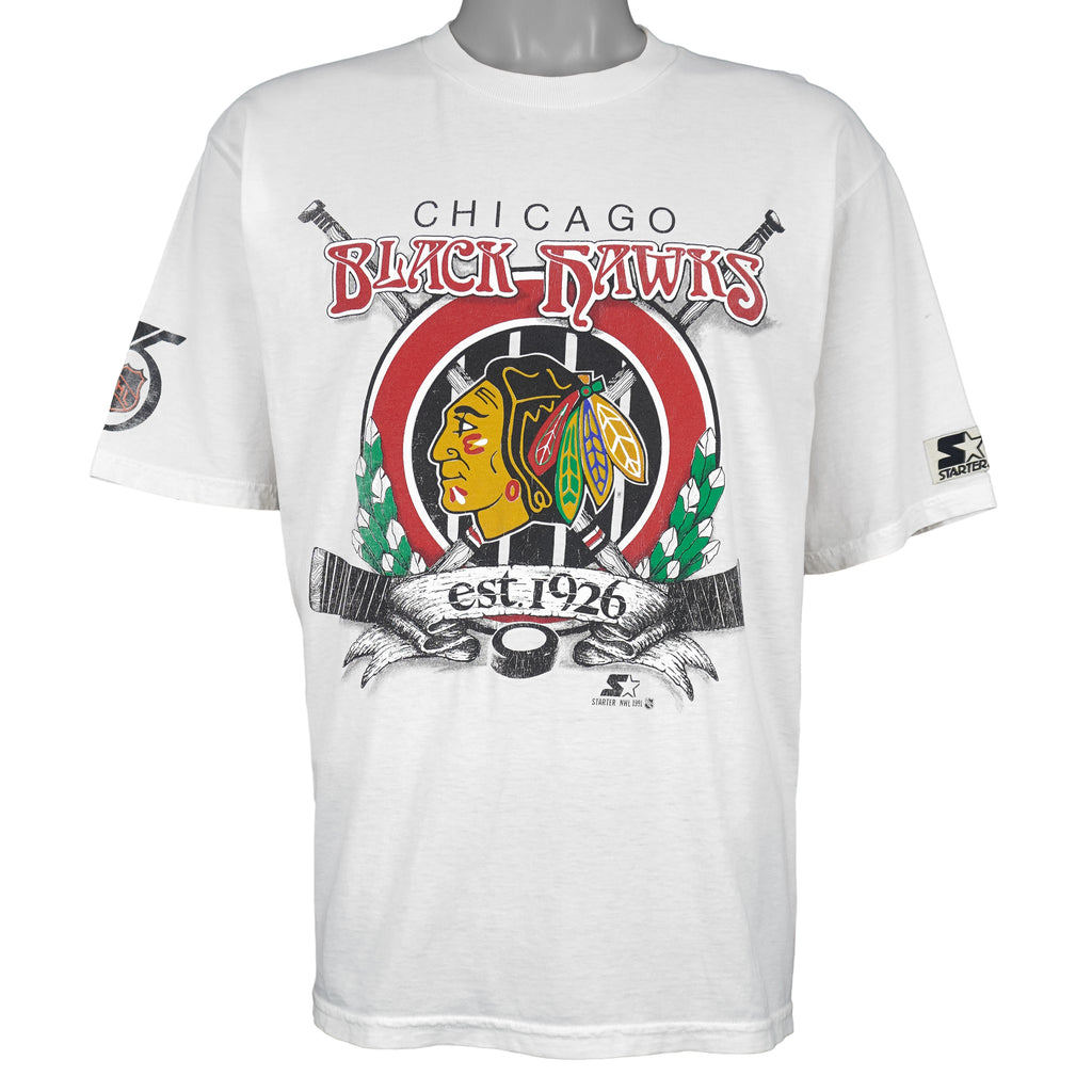 Starter - Chicago Blackhawks Big Logo Single Stitch T-Shirt 1991 Large Vintage Retro Hockey