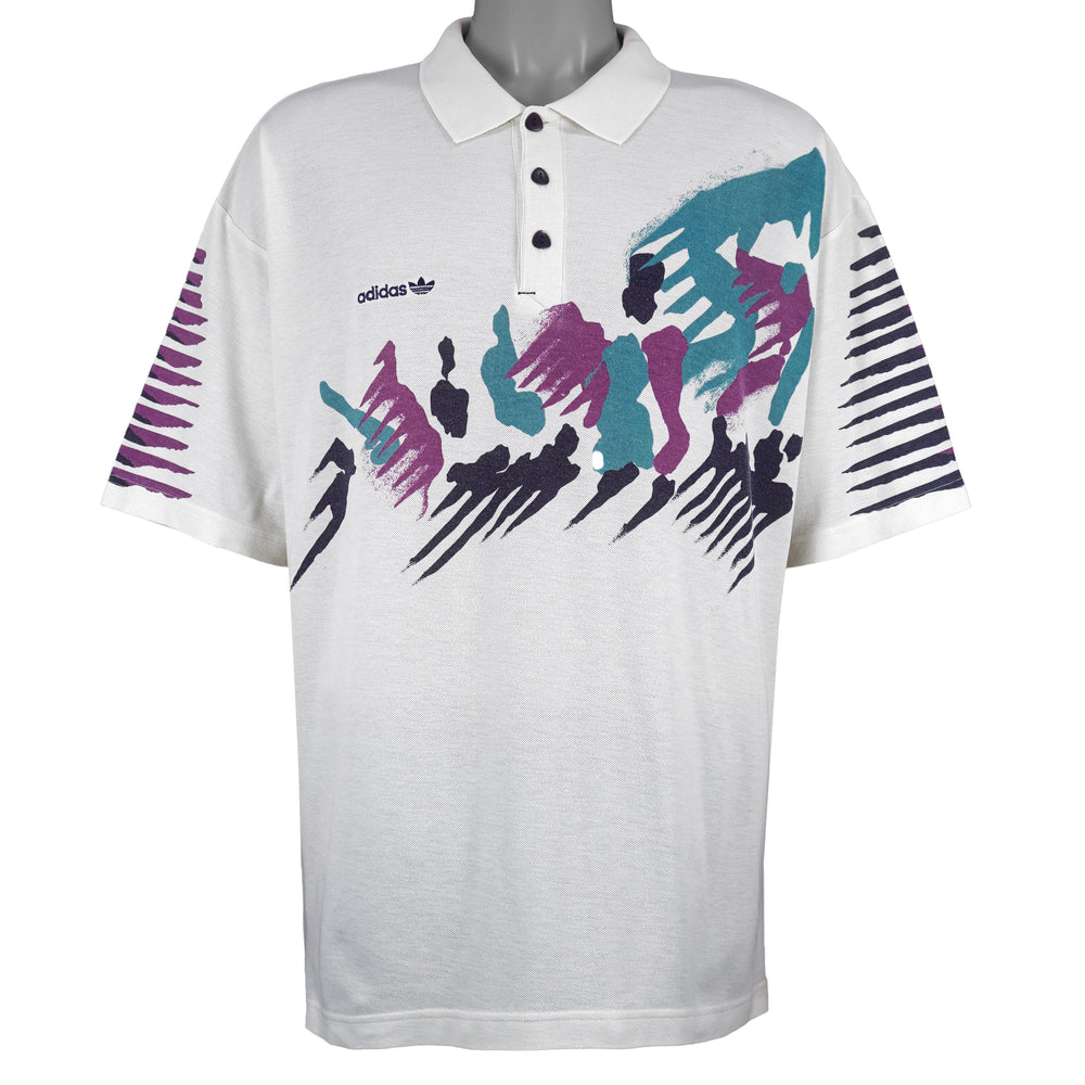 Vintage Adidas white multicolor abstract quarter-button polo shirt from the 1990s