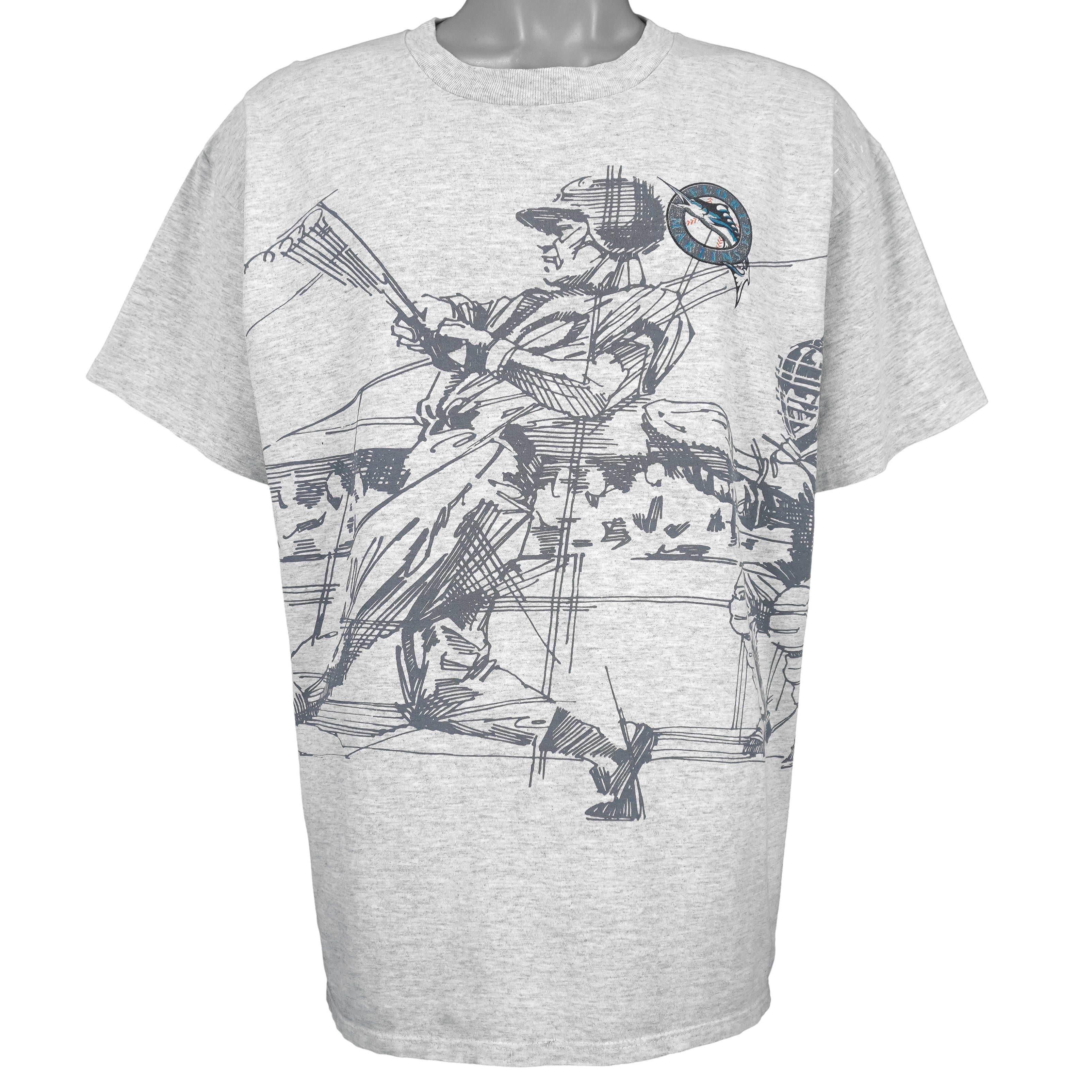 MLB (Majestic) - Florida Marlins, Batter Mid-Swing Sketch T-Shirt 1990s X-Large Vintage Retro Baseball