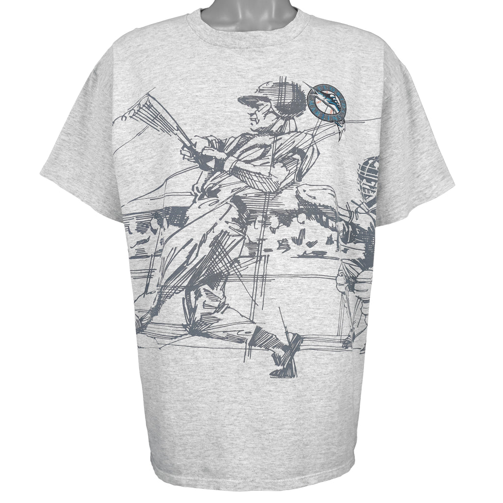MLB (Majestic) - Florida Marlins, Batter Mid-Swing Sketch T-Shirt 1990s X-Large Vintage Retro Baseball