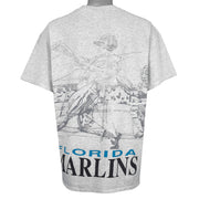 MLB (Majestic) - Florida Marlins, Batter Mid-Swing Sketch T-Shirt 1990s X-Large Vintage Retro Baseball