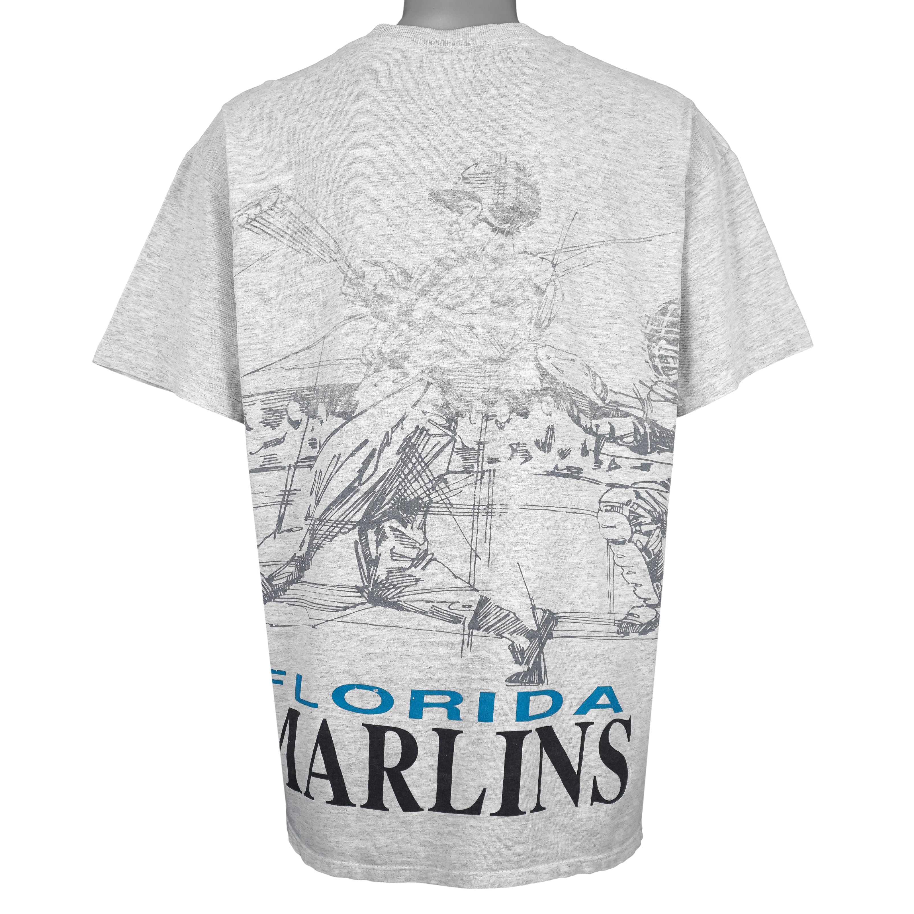 MLB (Majestic) - Florida Marlins, Batter Mid-Swing Sketch T-Shirt 1990s X-Large Vintage Retro Baseball