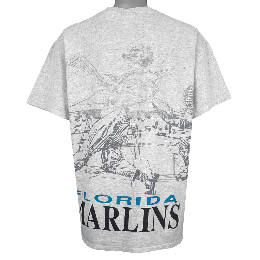MLB (Majestic) - Florida Marlins, Batter Mid-Swing Sketch T-Shirt 1990s X-Large Vintage Retro Baseball