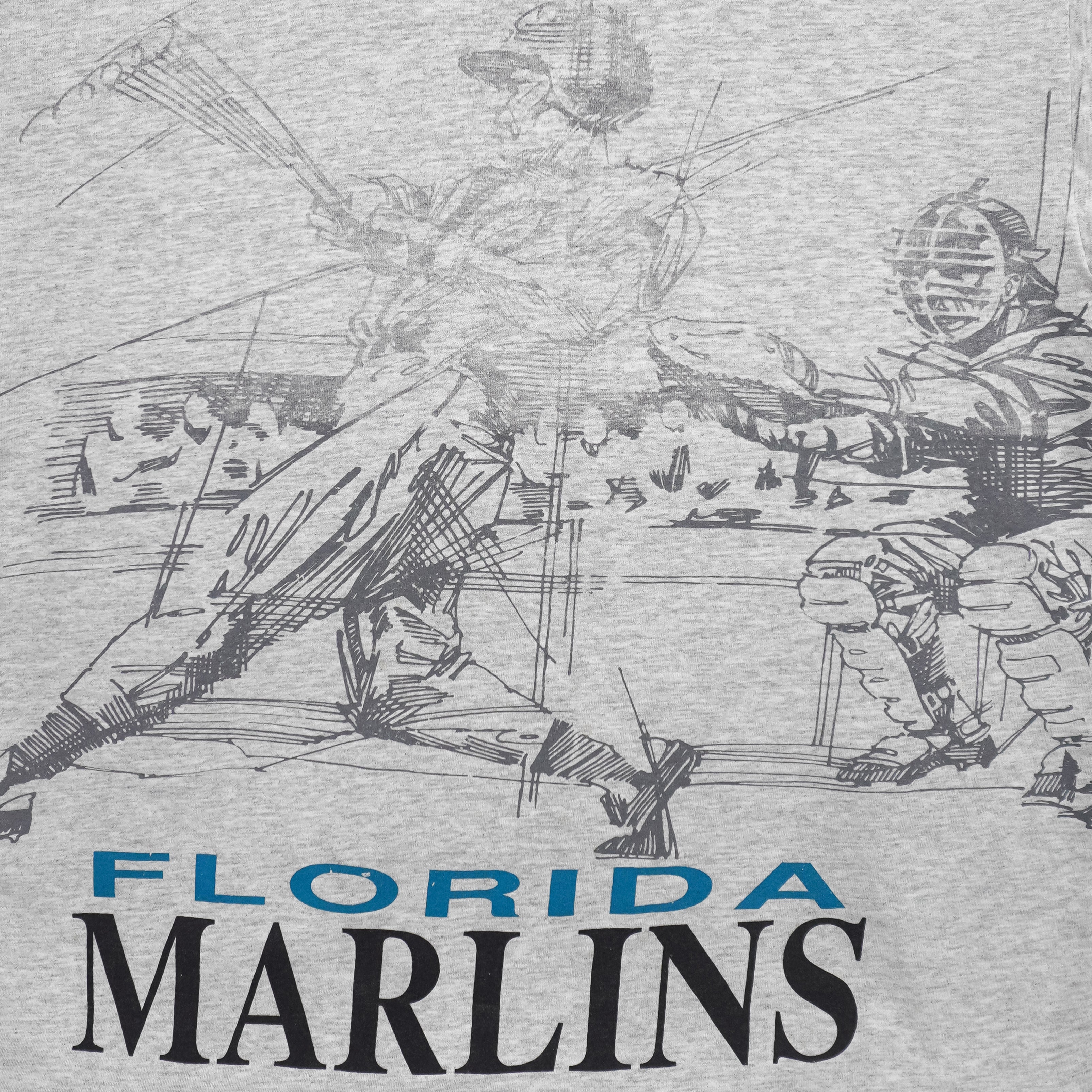 MLB (Majestic) - Florida Marlins, Batter Mid-Swing Sketch T-Shirt 1990s X-Large Vintage Retro Baseball