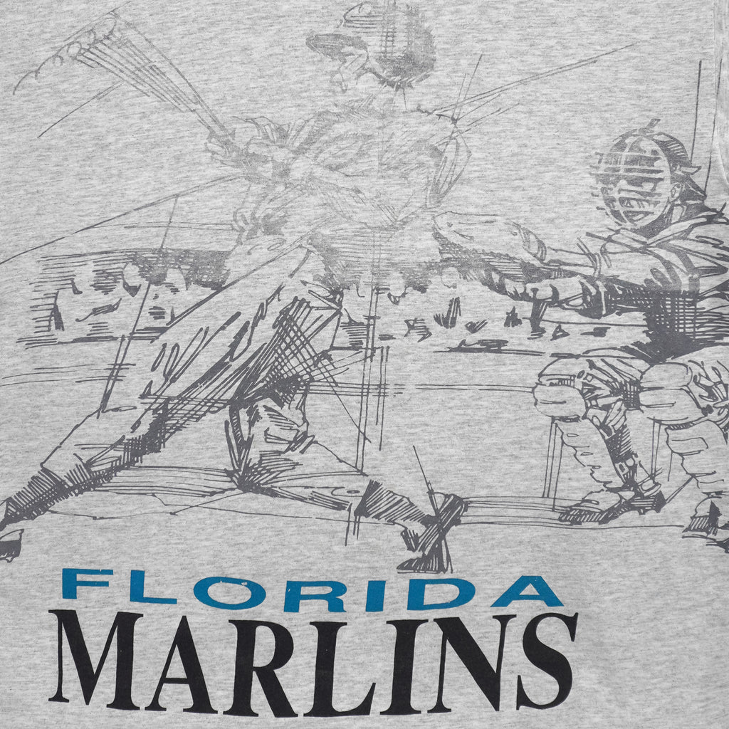 MLB (Majestic) - Florida Marlins, Batter Mid-Swing Sketch T-Shirt 1990s X-Large Vintage Retro Baseball