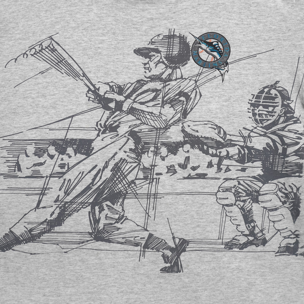 MLB (Majestic) - Florida Marlins, Batter Mid-Swing Sketch T-Shirt 1990s X-Large Vintage Retro Baseball