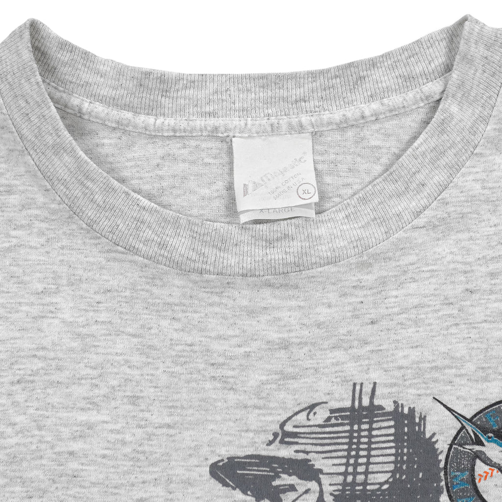 MLB (Majestic) - Florida Marlins, Batter Mid-Swing Sketch T-Shirt 1990s X-Large Vintage Retro Baseball