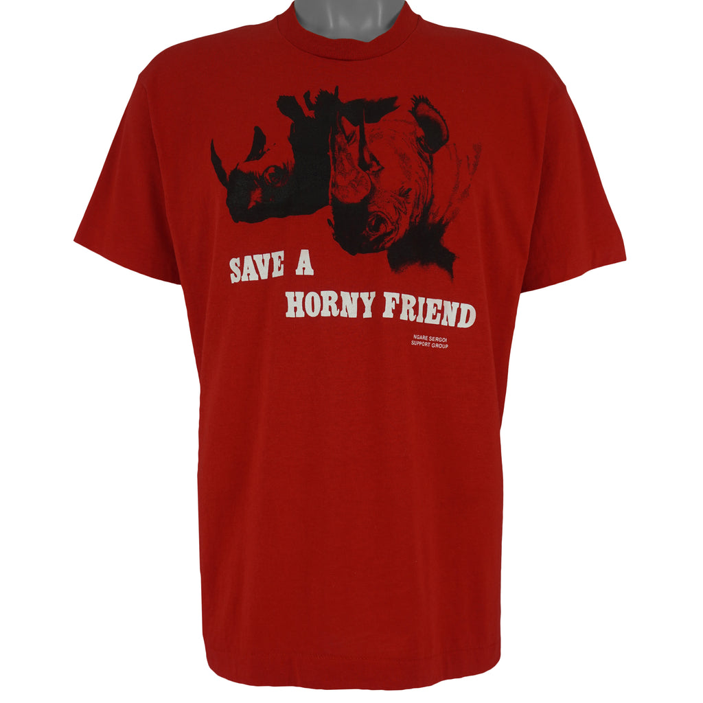 Vintage (Screen Stars) - Save a Horny Friend Rhino Animal Print T-Shirt 1990s X-Large Vintage Retro