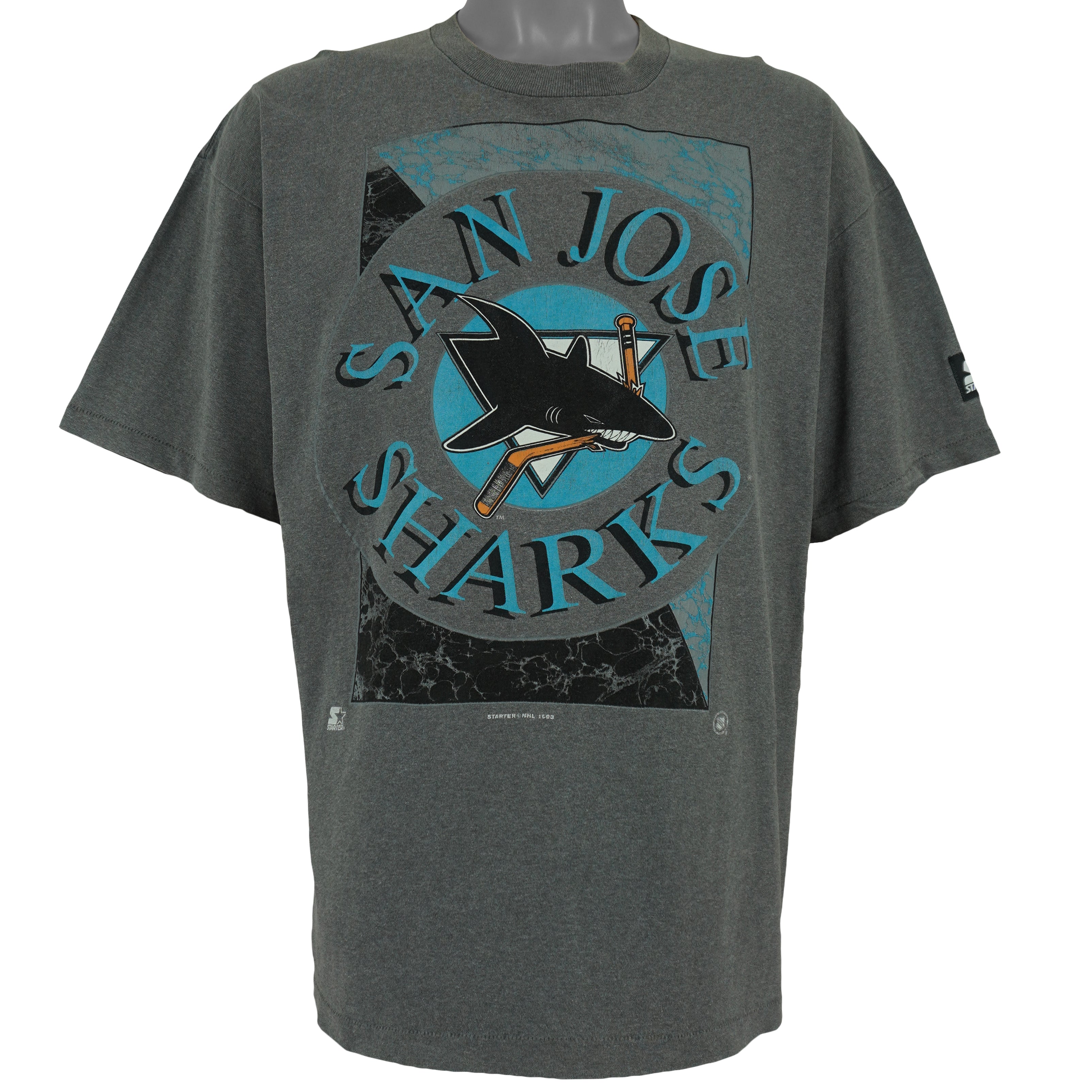 Starter - Grey San Jose Sharks Big Logo T-Shirt 1993 X-Large Vintage Retro Hockey