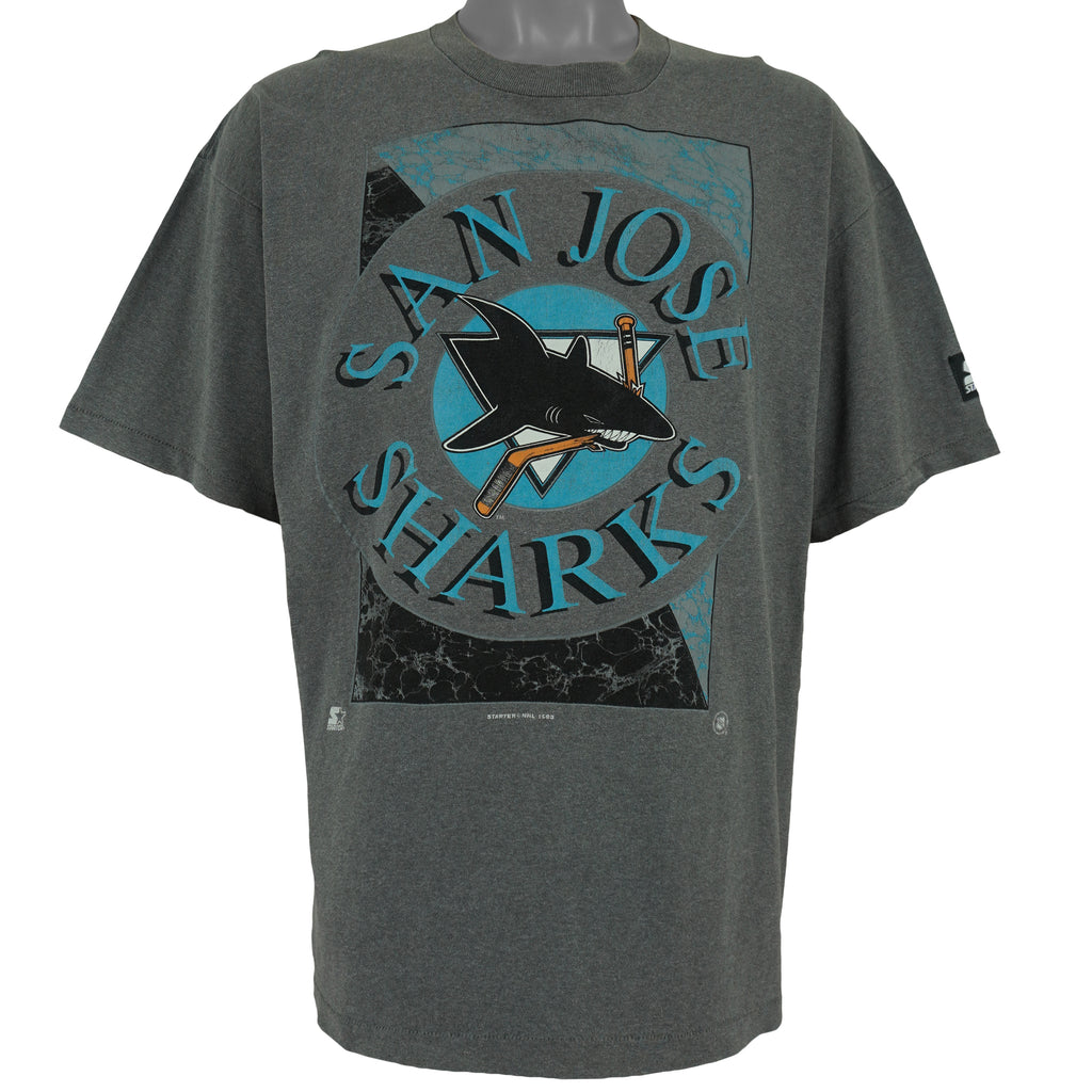 Starter - Grey San Jose Sharks Big Logo T-Shirt 1993 X-Large Vintage Retro Hockey