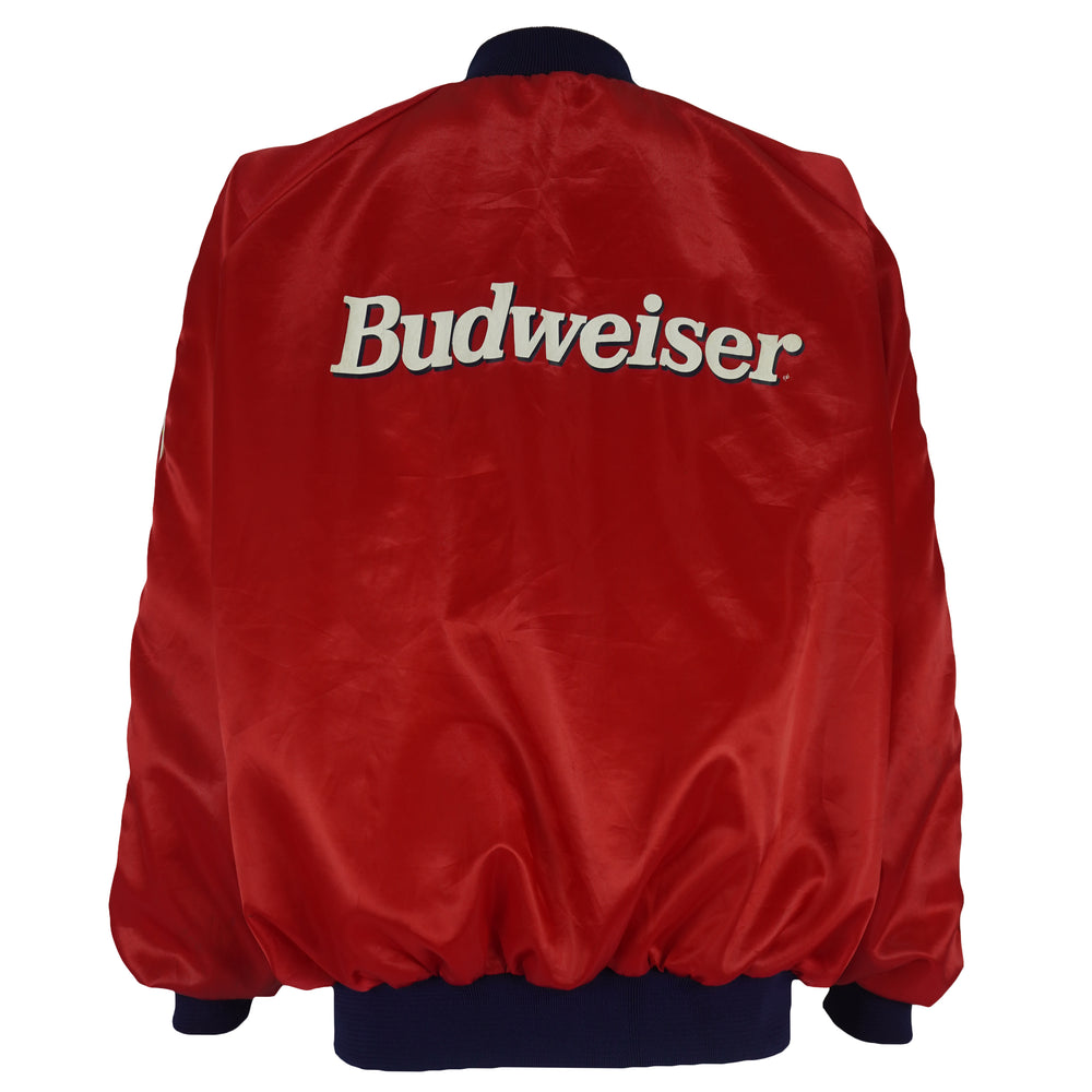 Budweiser - Red Bud King Of Beers Button-Up Satin Jacket 1980s X-Large Vintage Retro