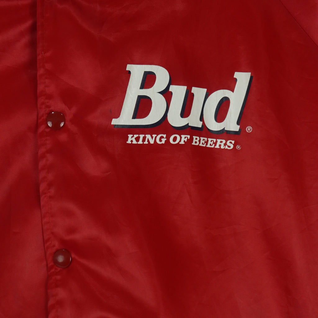 Budweiser - Red Bud King Of Beers Button-Up Satin Jacket 1980s X-Large Vintage Retro