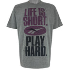 Reebok - Grey Life Is Short Play Hard T-Shirt 1990s Large Vintage Retro