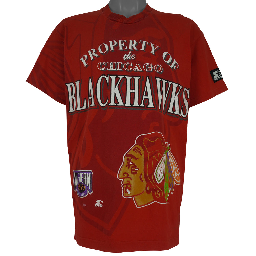 Starter - Property Of The Chicago Blackhawks T-Shirt 1990s Large Vintage Retro Hockey