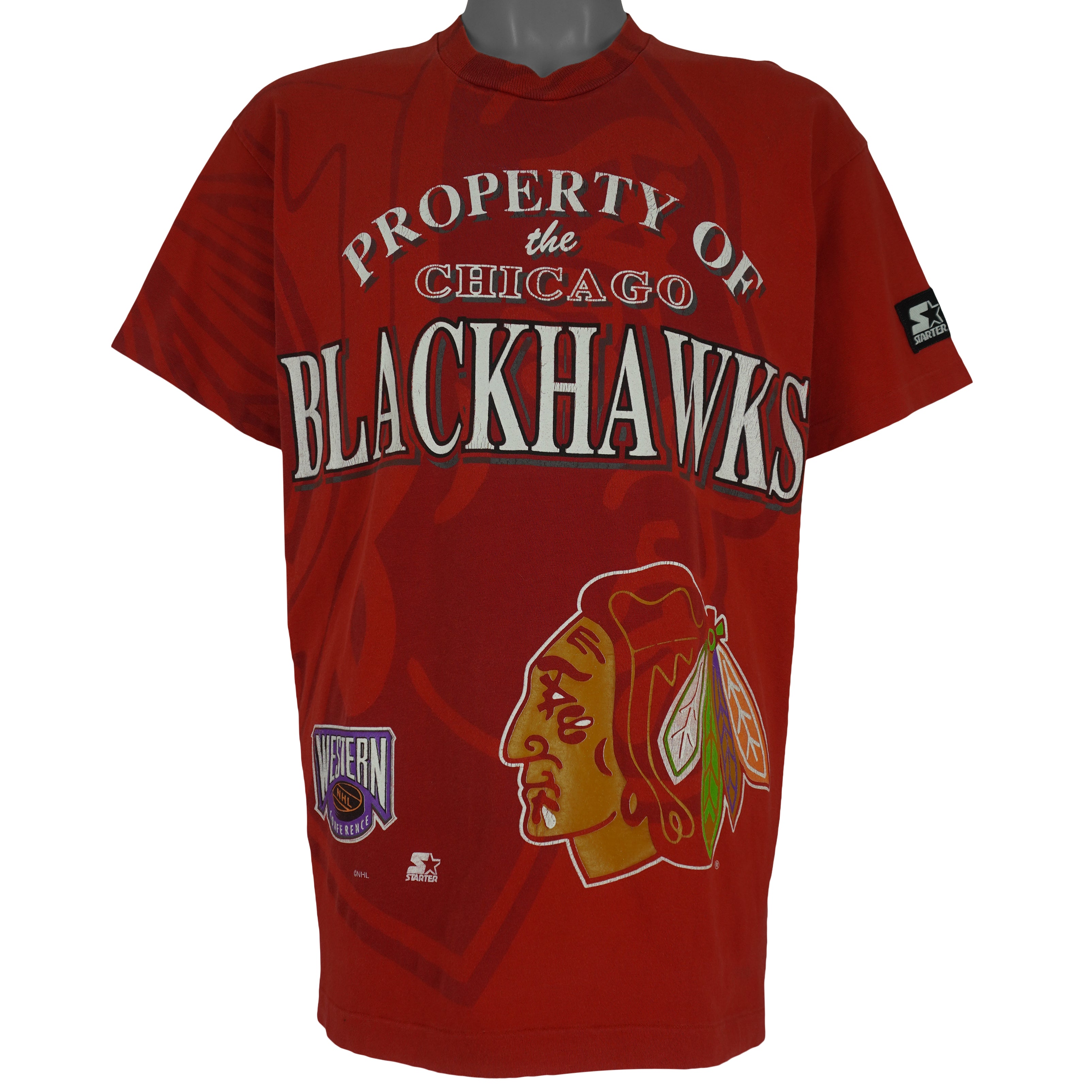 Starter - Property Of The Chicago Blackhawks T-Shirt 1990s Large Vintage Retro Hockey