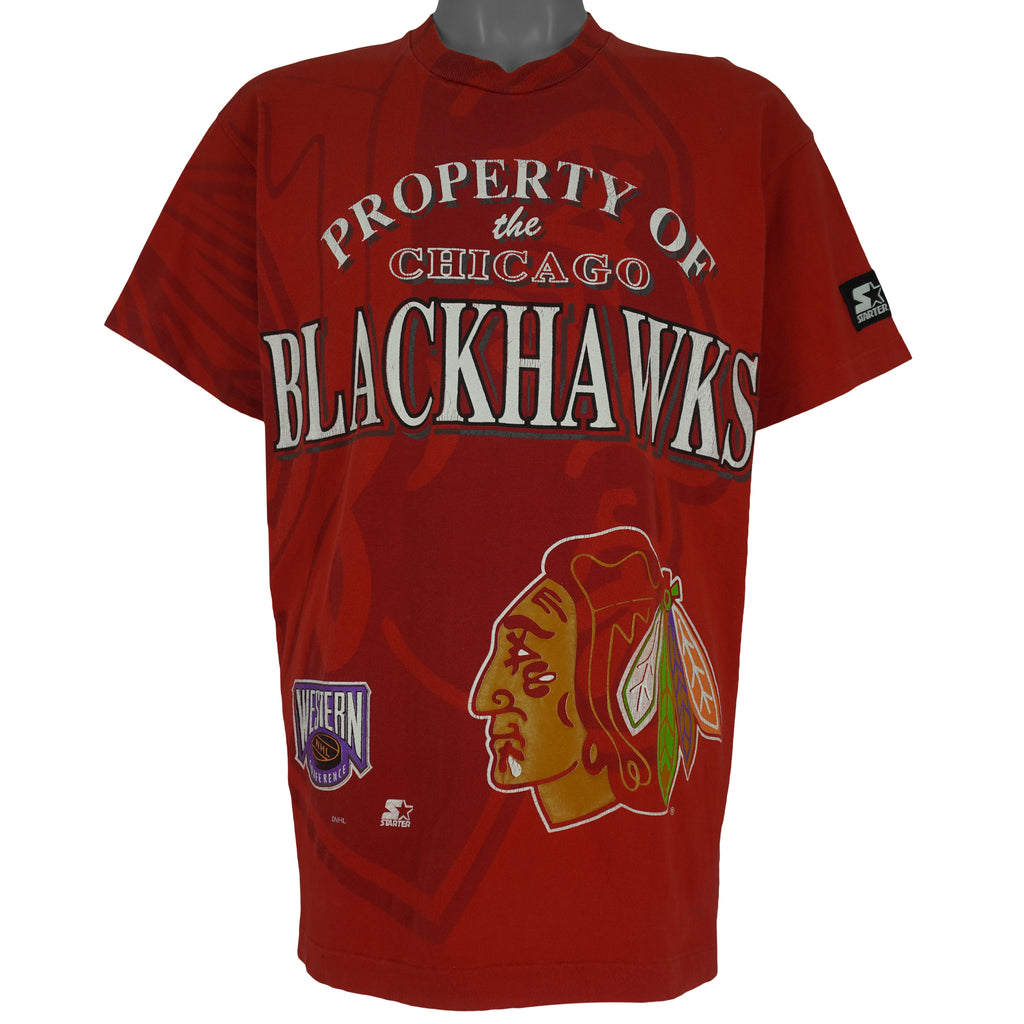 Starter - Property Of The Chicago Blackhawks T-Shirt 1990s Large Vintage Retro Hockey