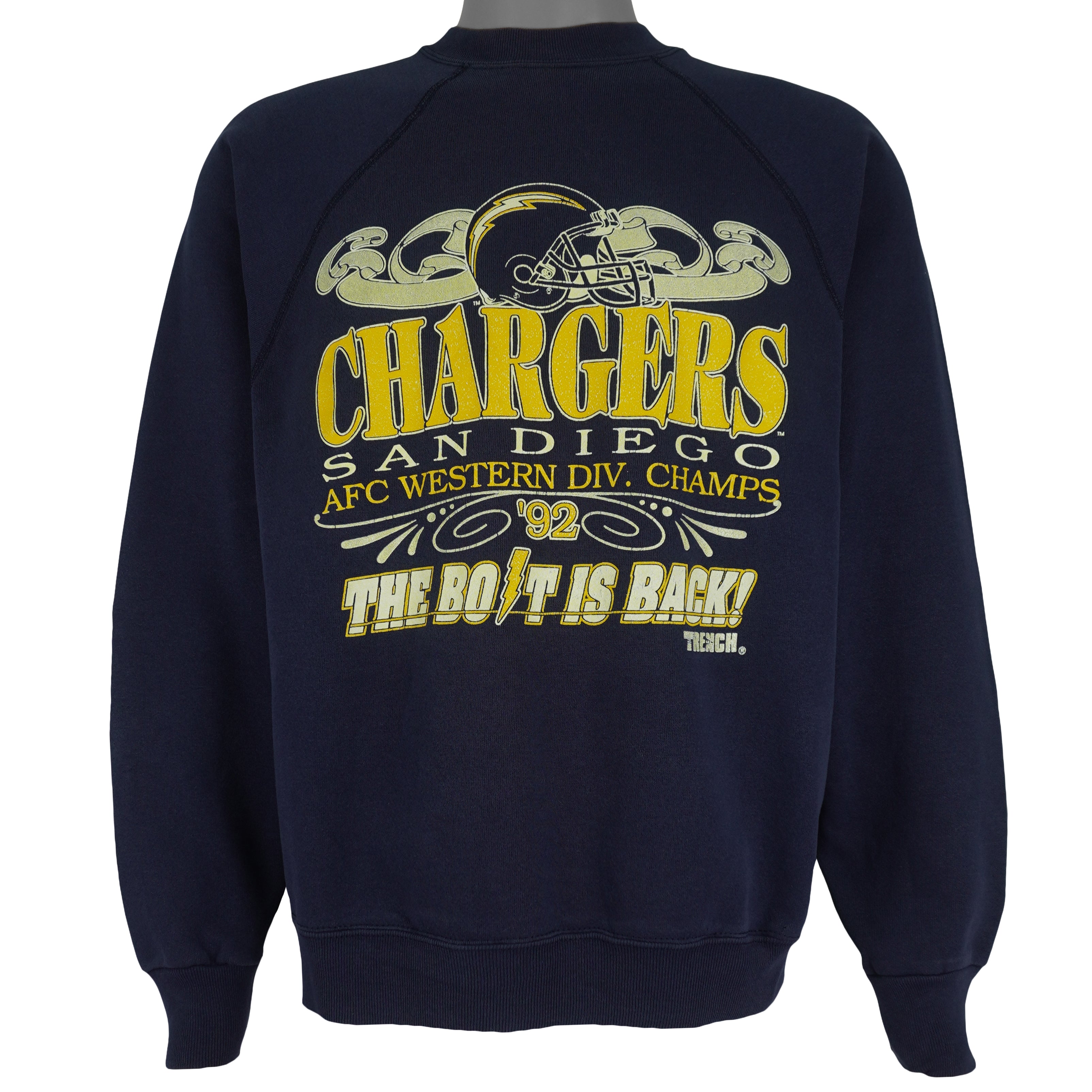 NFL (Tultex) - Chargers, The Bolt Is Back! Crew Neck Sweatshirt 1992 Large Vintage Retro Football