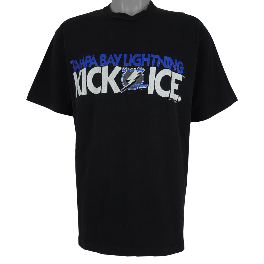 NHL (Logo 7) - Tampa Bay Lightning, Kick Ice Spell-Out T-Shirt 1992 Large Vintage Retro Hockey