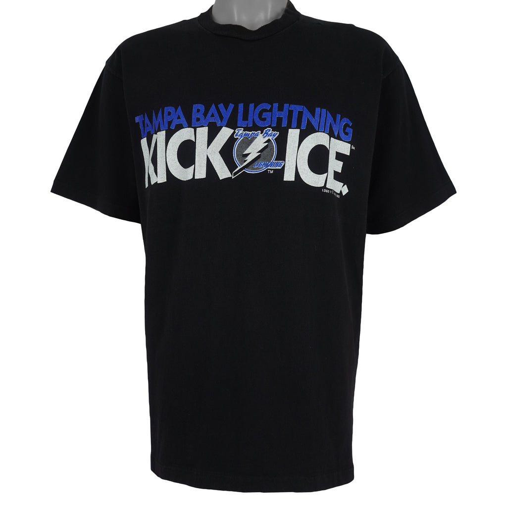 NHL (Logo 7) - Tampa Bay Lightning, Kick Ice Spell-Out T-Shirt 1992 Large Vintage Retro Hockey