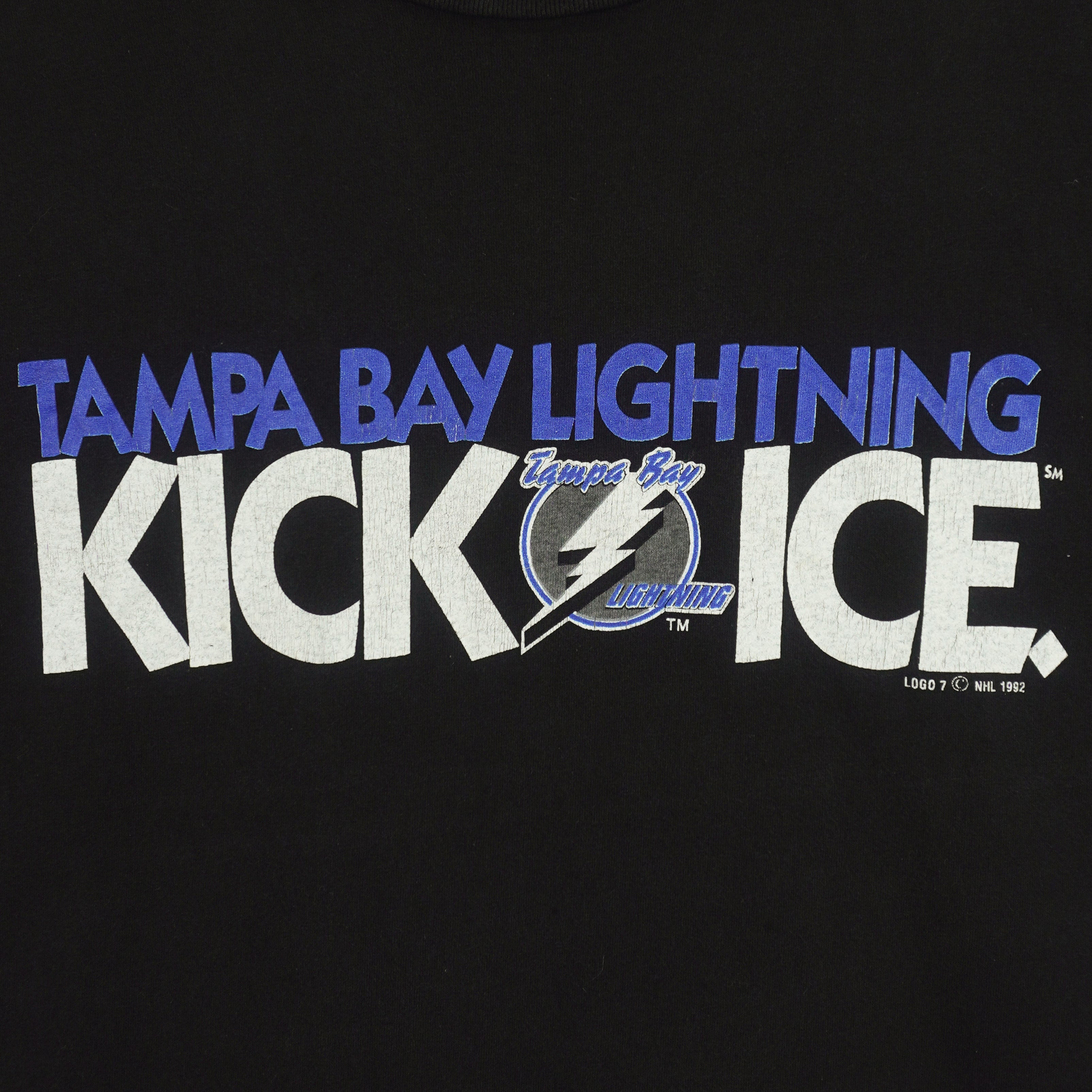 NHL (Logo 7) - Tampa Bay Lightning, Kick Ice Spell-Out T-Shirt 1992 Large Vintage Retro Hockey