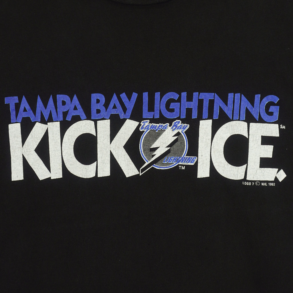 NHL (Logo 7) - Tampa Bay Lightning, Kick Ice Spell-Out T-Shirt 1992 Large Vintage Retro Hockey