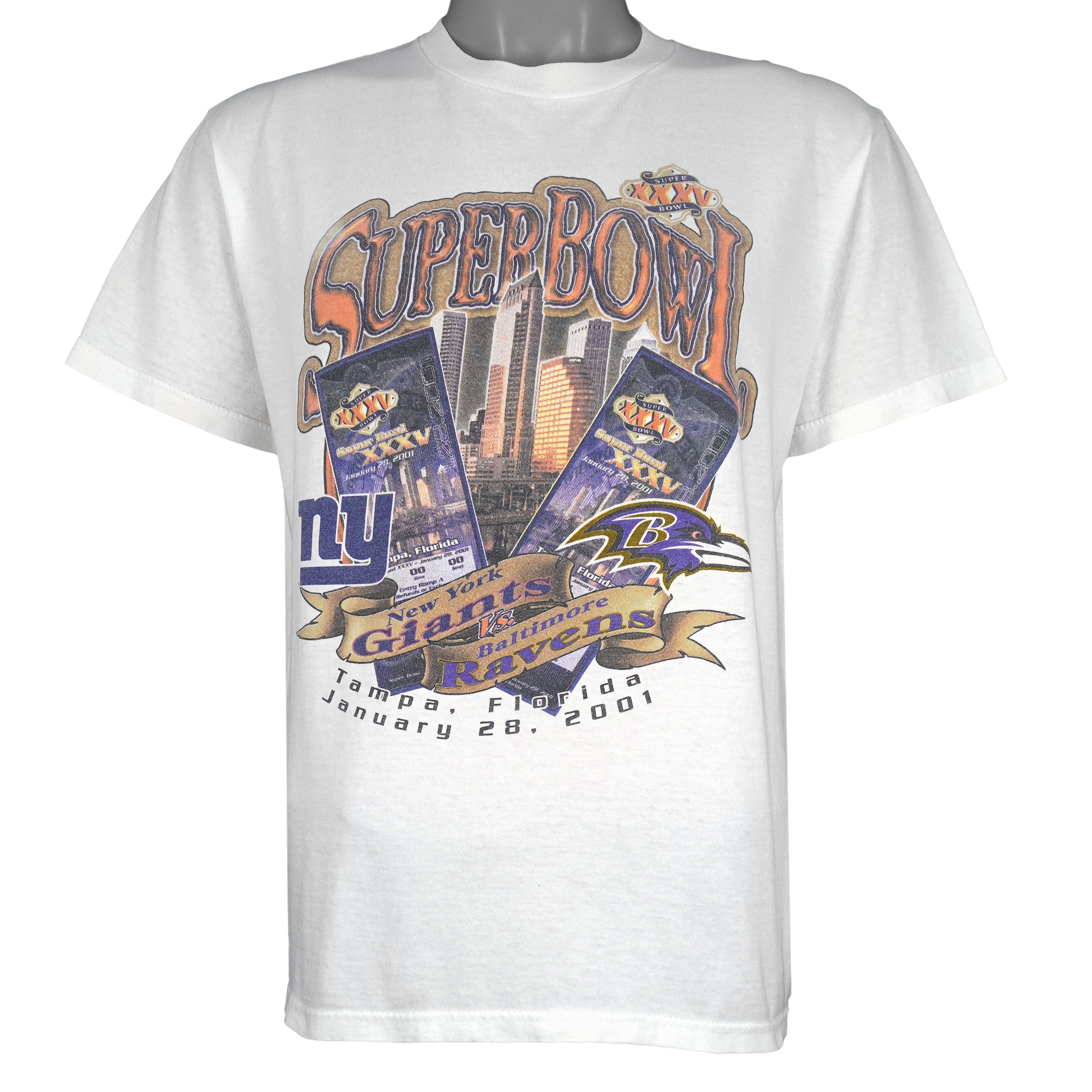 NFL (Logo Athletic) - Super Bowl XXXV Giants VS Ravens T-Shirt 2001 Medium Vintage Retro Football