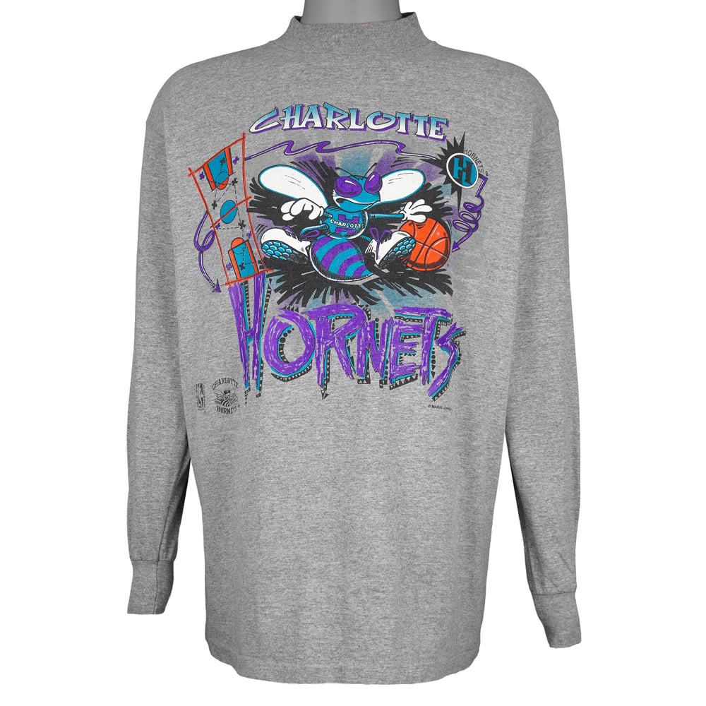 NBA (Signal) - Charlotte Hornets Big Logo Long Sleeved Shirt 1990s Large Vintage Retro Basketball