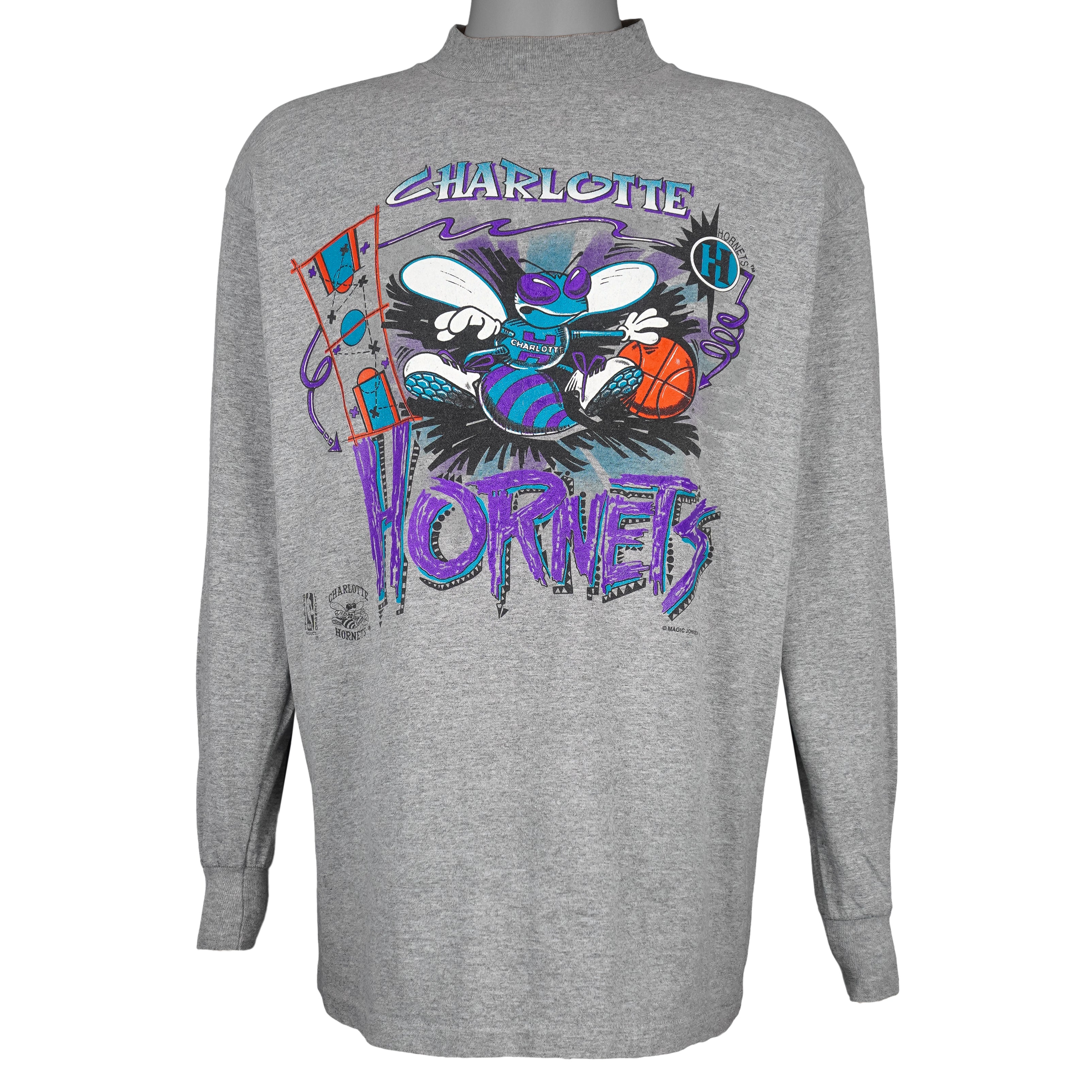 NBA (Signal) - Charlotte Hornets Big Logo Long Sleeved Shirt 1990s Large Vintage Retro Basketball
