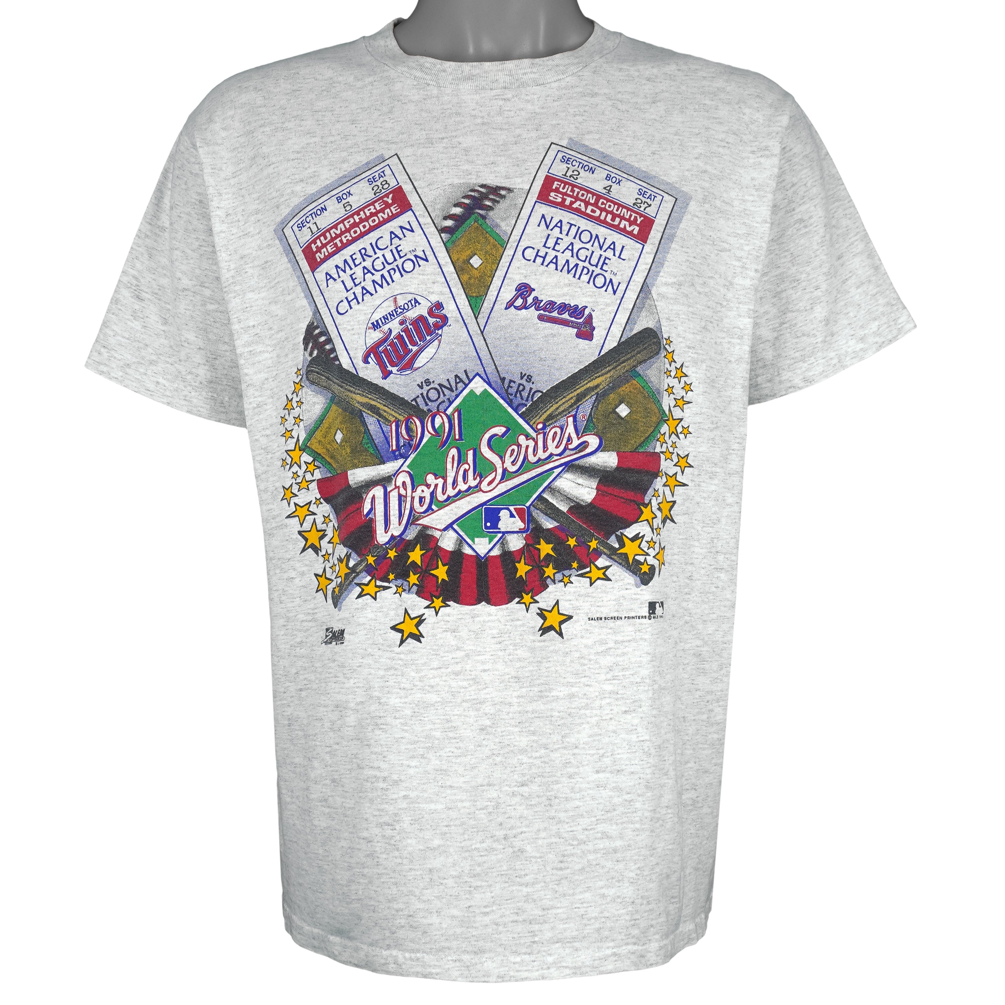 MLB (Salem) - Twins VS Braves World Series Tickets T-Shirt 1991 Large Vintage Retro Baseball
