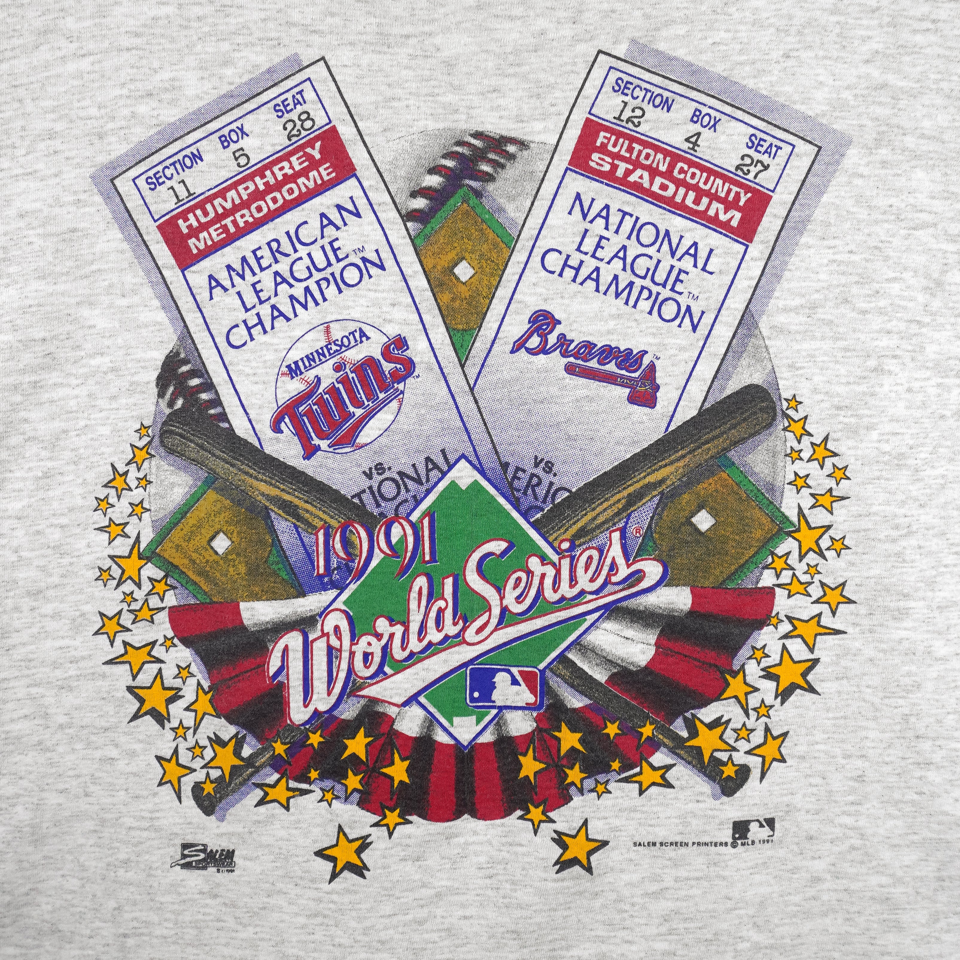 MLB (Salem) - Twins VS Braves World Series Tickets T-Shirt 1991 Large Vintage Retro Baseball