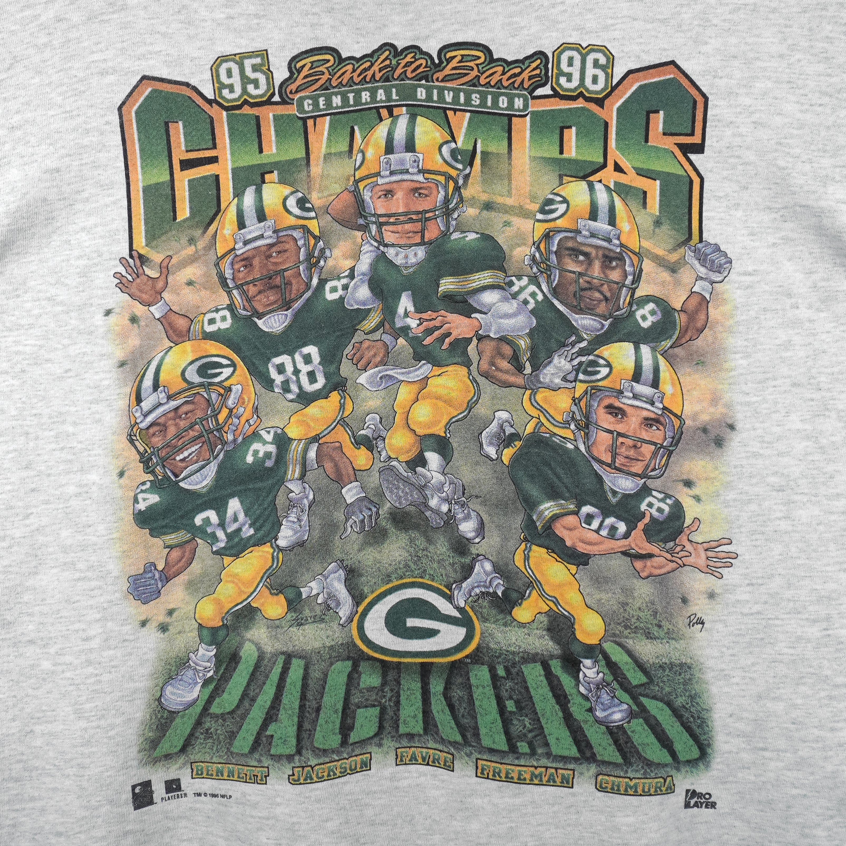NFL (Pro Player) - Green Bay Packers Champs Players Caricature T-Shirt 1996 Medium Vintage Retro Football