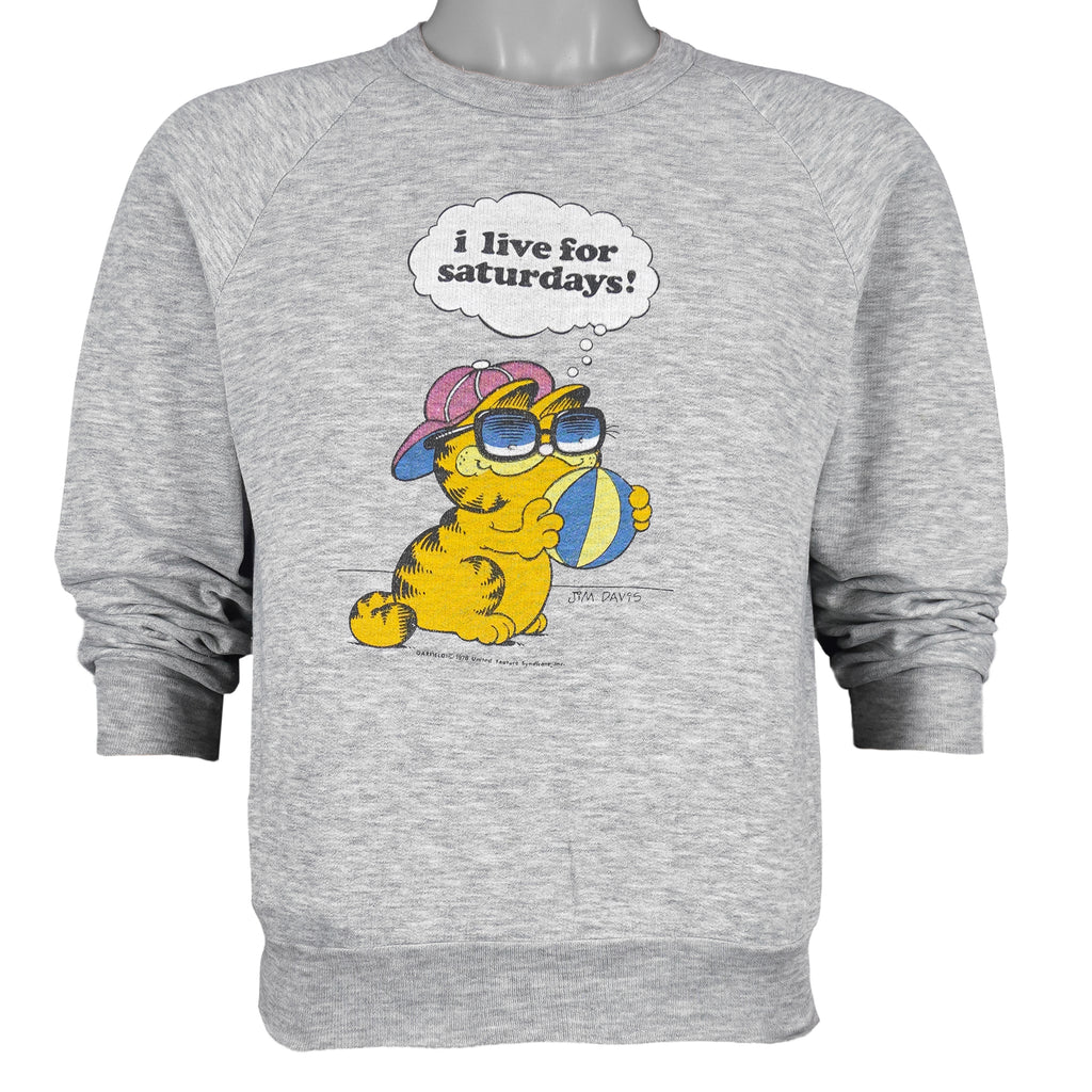 Vintage (Better T-shirt) - Garfield, I Live for Saturdays! Crew Neck Sweatshirt 1990s Large Vintage Retro