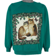 Vintage (Hanes) - Green Cats Crew Neck Sweatshirt 1990s X-Large Vintage Retro