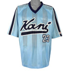 Karl Kani - Blue Big Logo Pinstripe Mesh Jersey 1990s X-Large Vintage Retro