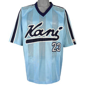Karl Kani - Blue Big Logo Pinstripe Mesh Jersey 1990s X-Large Vintage Retro