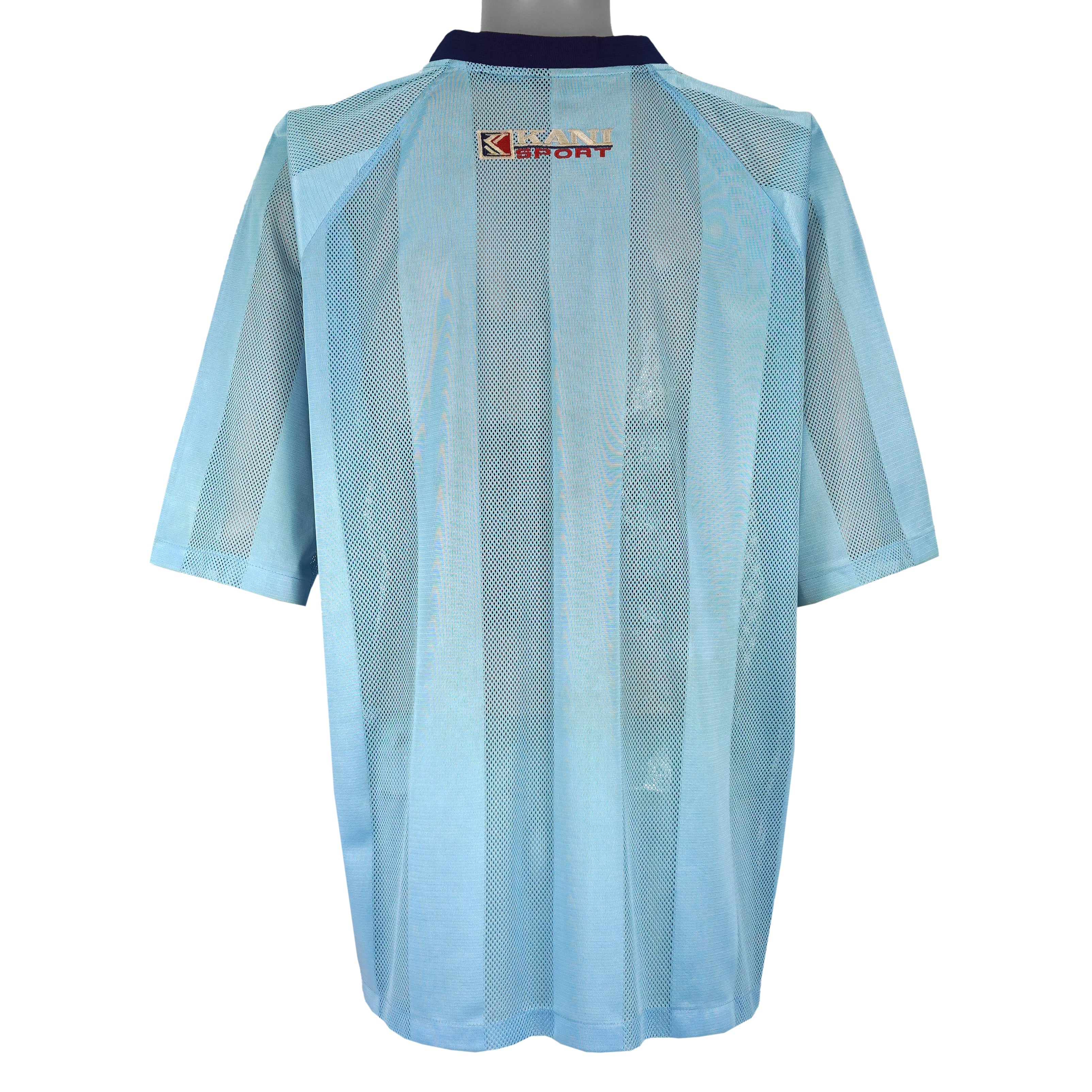 Karl Kani - Blue Big Logo Pinstripe Mesh Jersey 1990s X-Large Vintage Retro