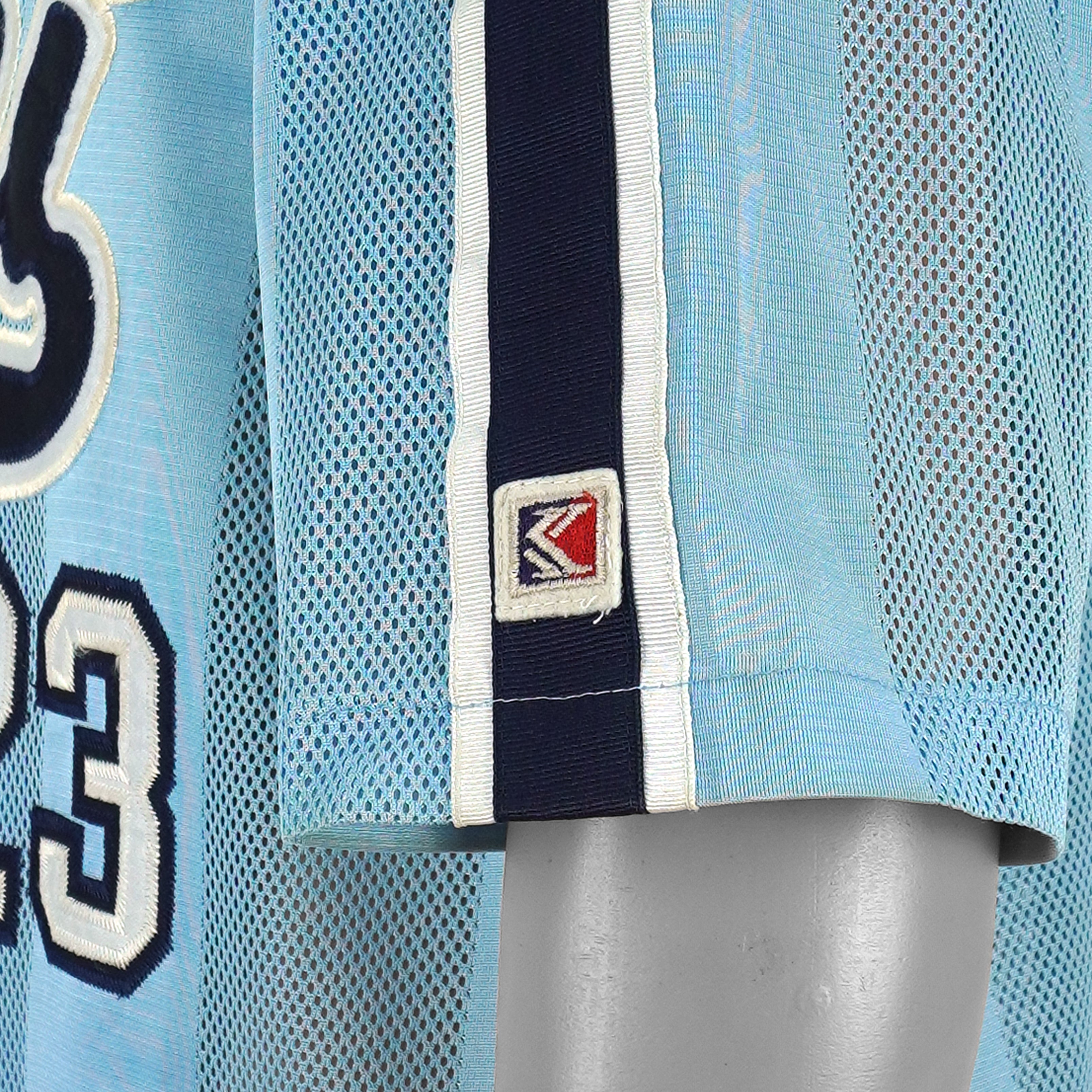 Karl Kani - Blue Big Logo Pinstripe Mesh Jersey 1990s X-Large Vintage Retro